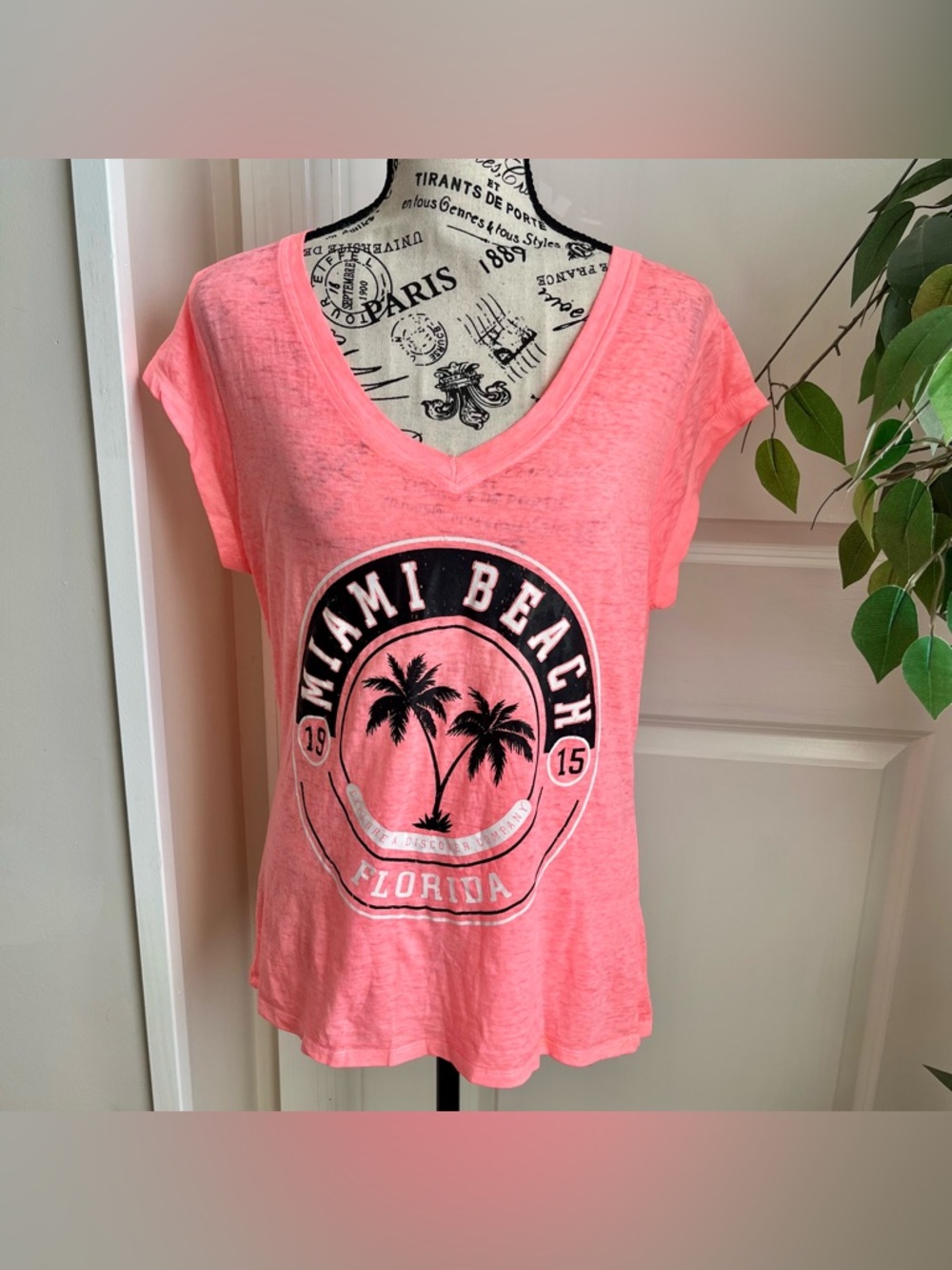 Exist Miami Beach Florida Cotton Blend Graphic Tee Neon Coral Pink Sz XL